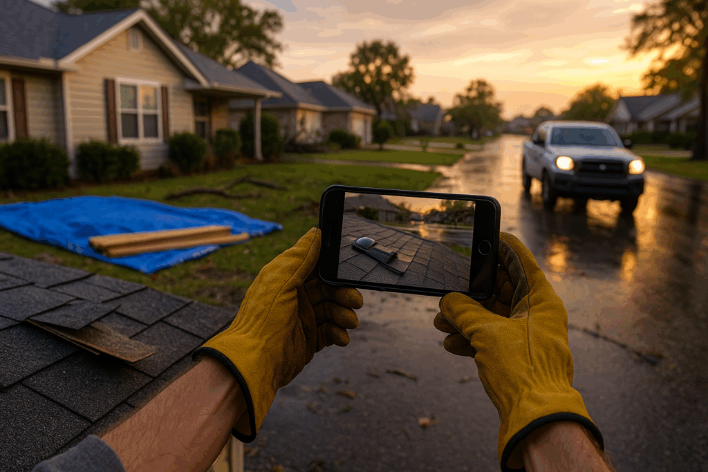 Homeowner in Kingsland, GA photographing storm-damaged shingles at sunrise, with a blue tarp and pickup truck on a wet street in the background.