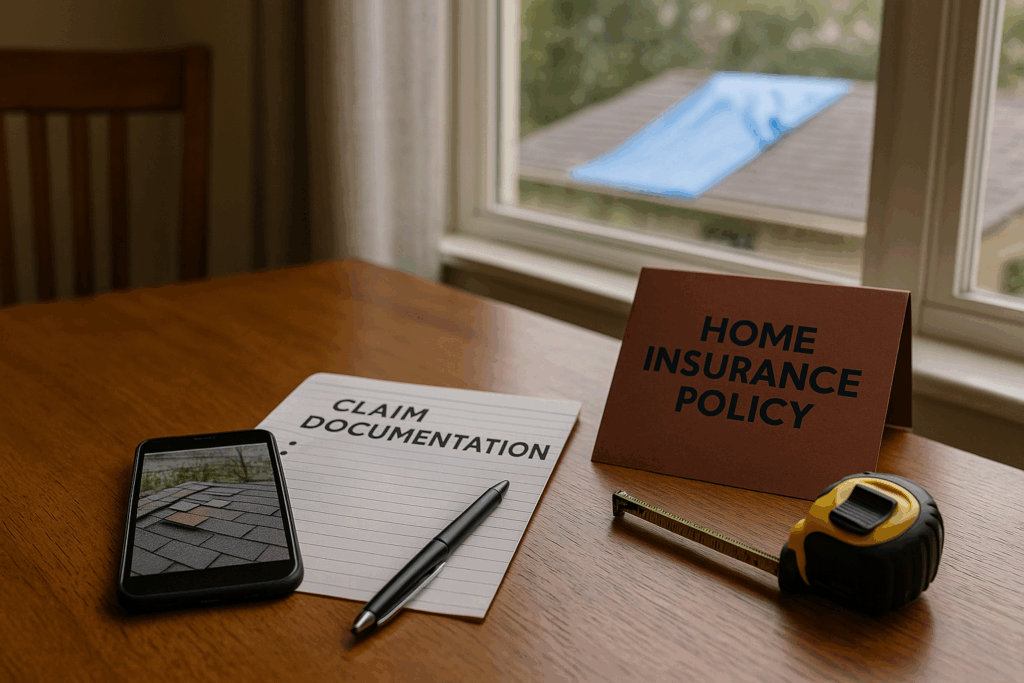 Home insurance claim setup on a dining table—smartphone showing roof damage photo, “Claim Documentation” sheet with pen, tape measure, and a policy folder—window view reveals a blue-tarped roof after a storm.